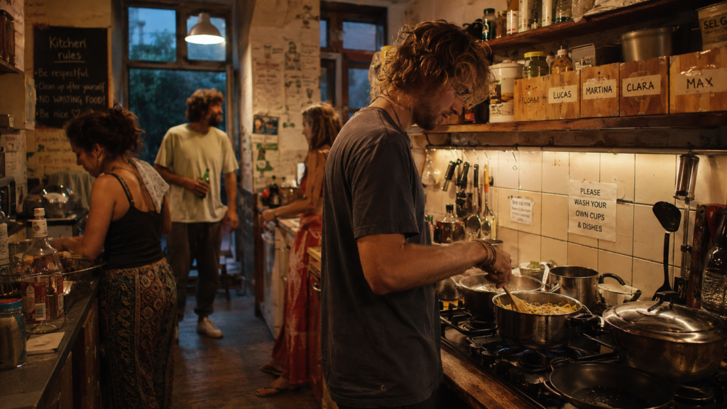 Traveller cooking a meal in a shared hostel kitchen — one of the biggest money-savers of hostel stays