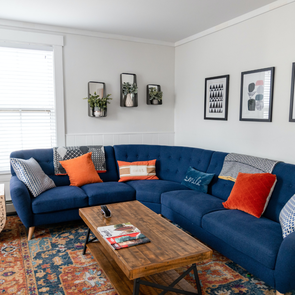 Blue corner sofa in a living room