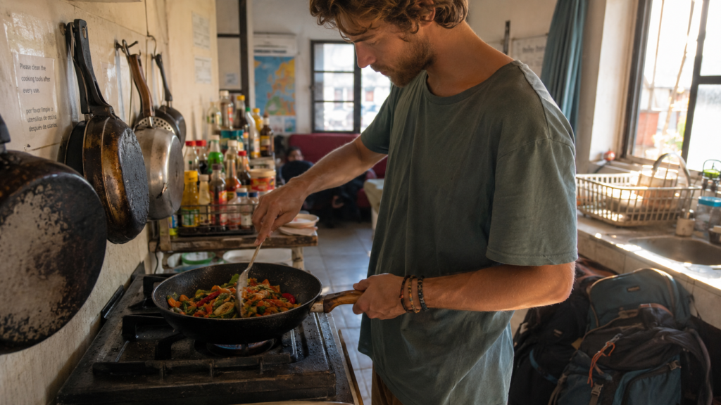 Traveller cooking a stir-fry in a shared hostel kitchen