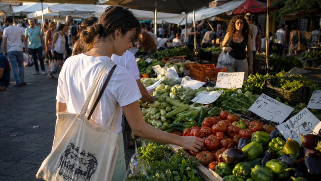 Backpacker buying cheap vegetables at a local market stall