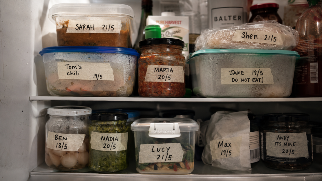 Labelled food containers inside a shared hostel fridge