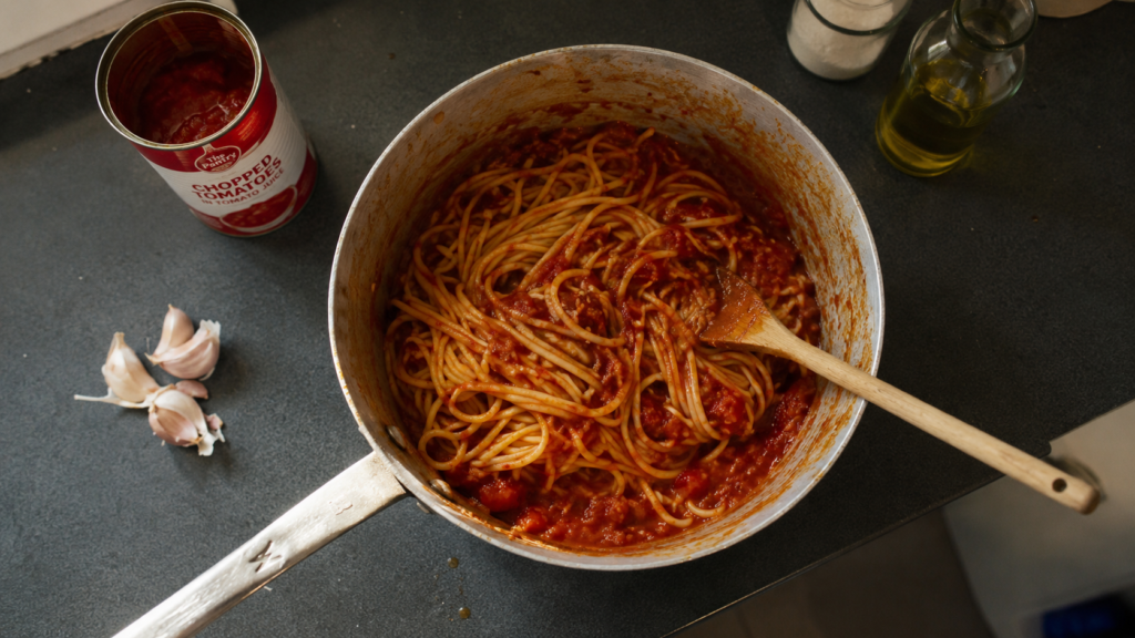 One-pot tomato pasta cooked in a hostel kitchen pan