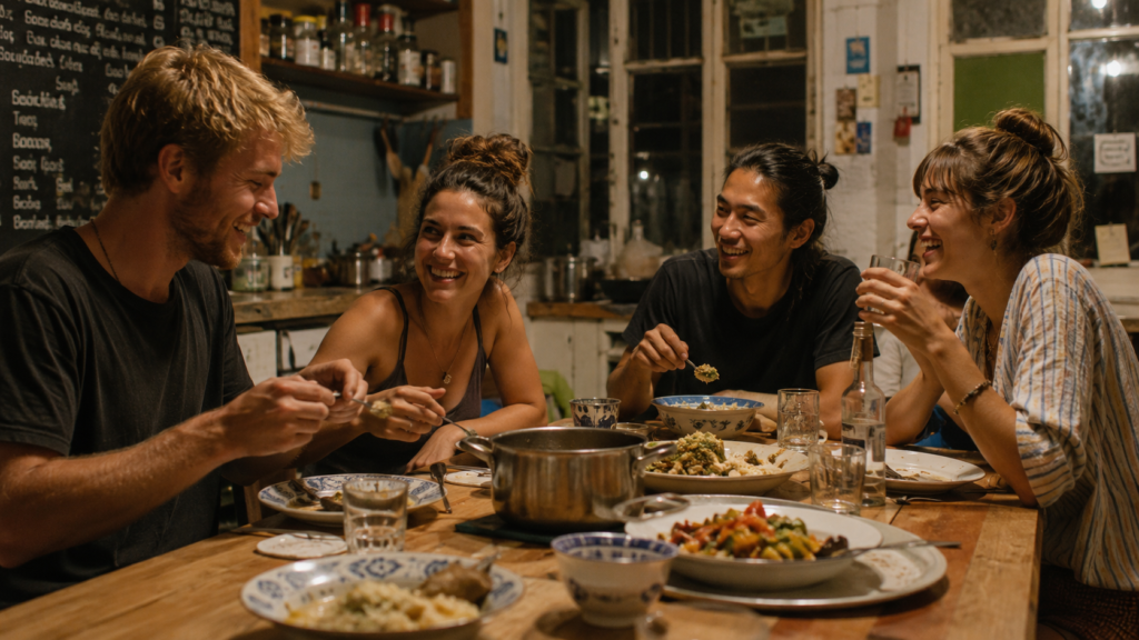 Travellers sharing a communal dinner at a hostel kitchen table