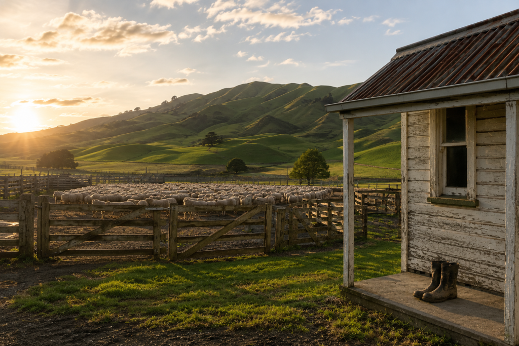 Working sheep farm in rural New Zealand with farmhouse accommodation used for budget farm stays