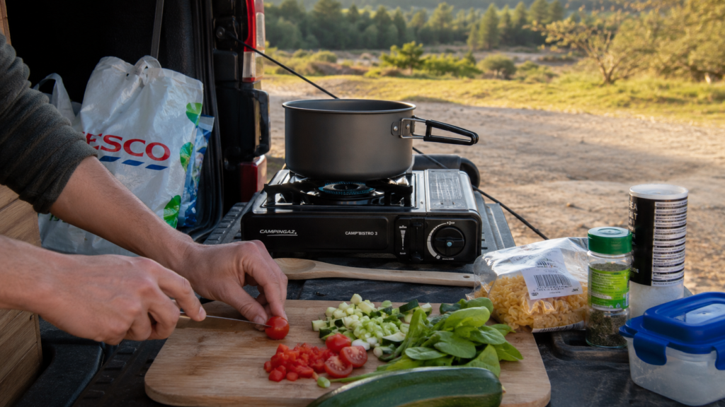 Cooking a budget one-pot meal on a camping stove at the back of a camper van