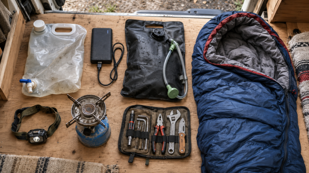 Flat-lay of essential budget van life gear including a solar shower, power bank, and camping stove