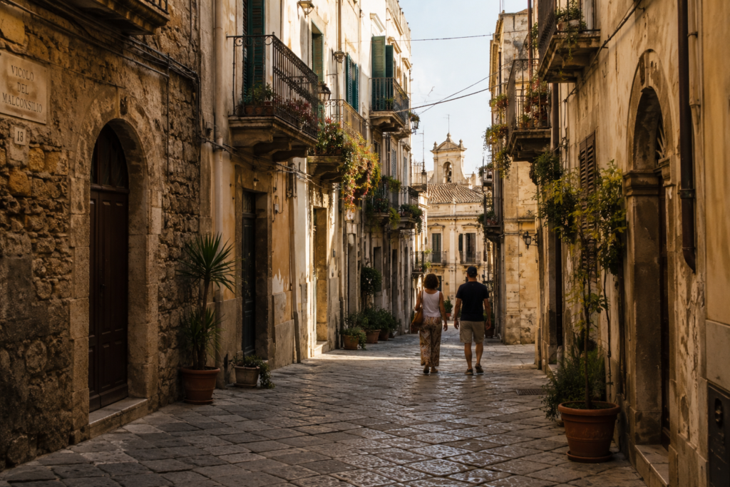 Narrow cobbled old-town street with pedestrians walking in late afternoon light