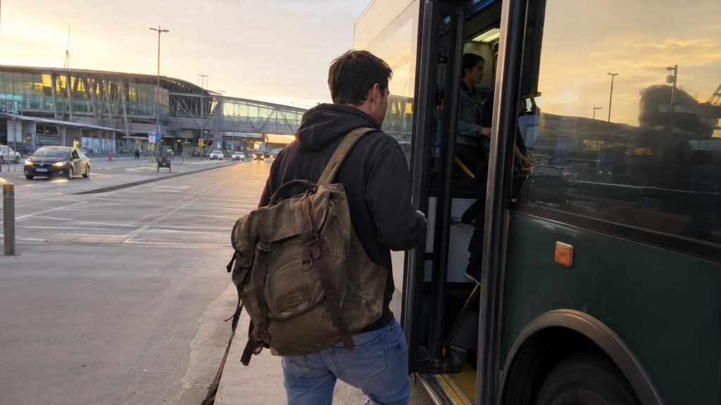 Traveller with a backpack boarding a local public bus outside an airport terminal.
