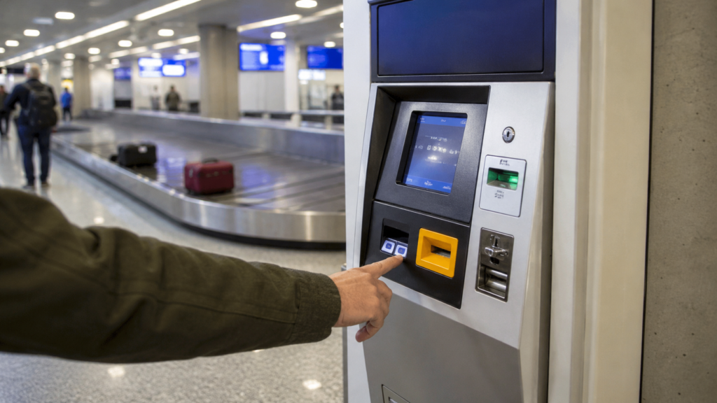  Ticket machine in an airport baggage hall dispensing a free public transport ticket.
