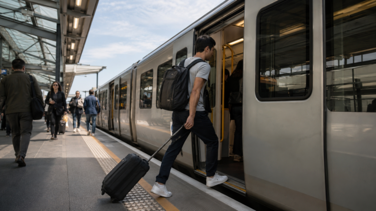 Traveller boarding a local commuter train at an airport station instead of the express service.