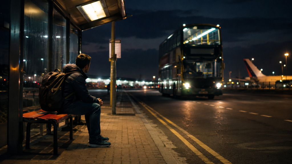 Traveller waiting at a night bus stop outside an airport after dark.
