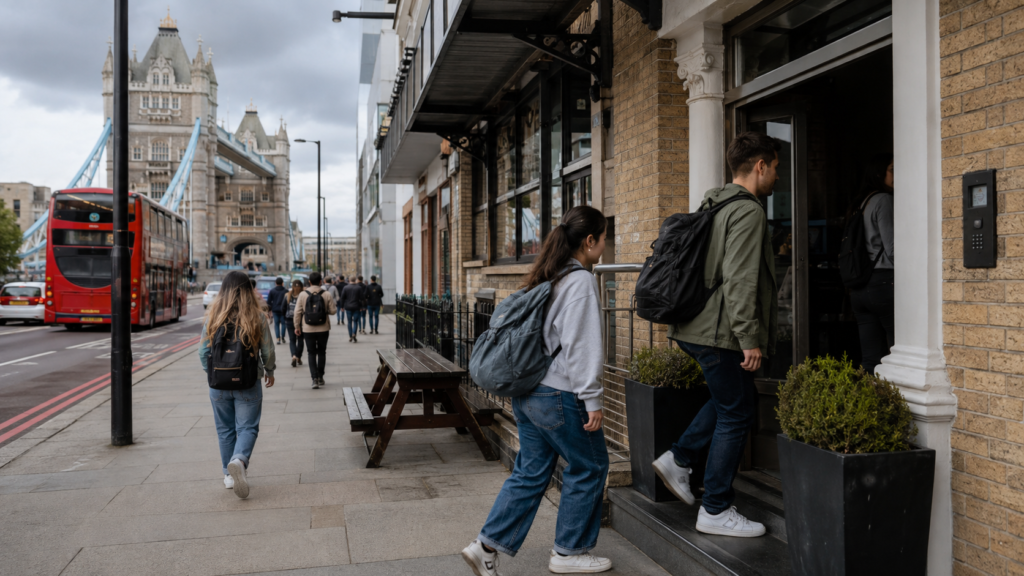 Street view near a budget hostel by Tower Bridge in London