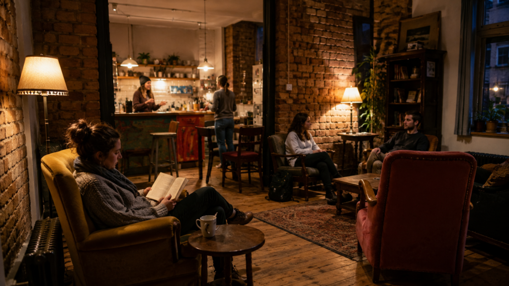 Hostel common room with shared kitchen in Prague or Budapest