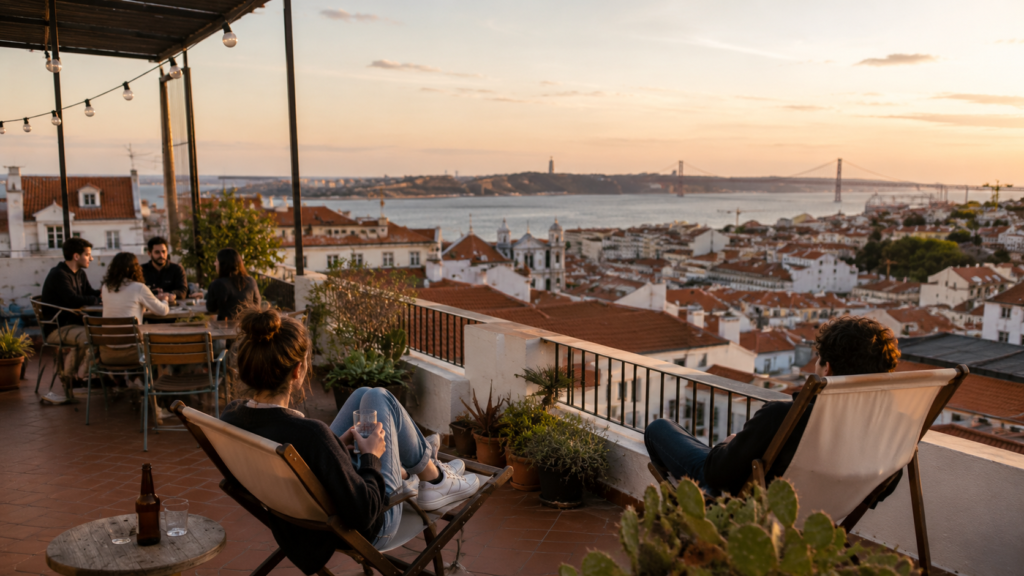 Hostel rooftop terrace overlooking Lisbon and the Tejo river at sunset