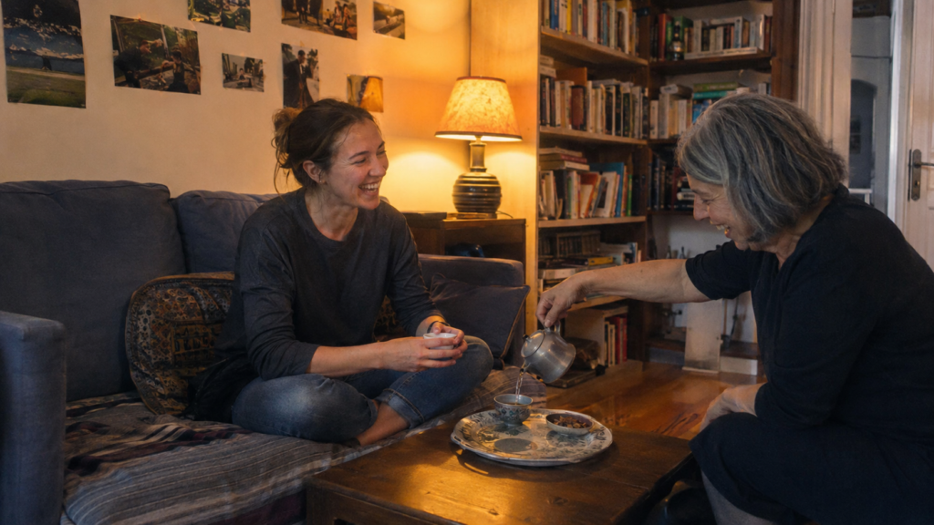 Traveller sharing tea and conversation with a Couchsurfing host in a home living room