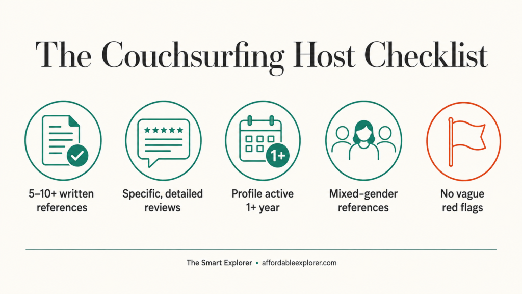 Infographic listing five things to check on a Couchsurfing host profile before accepting a stay
