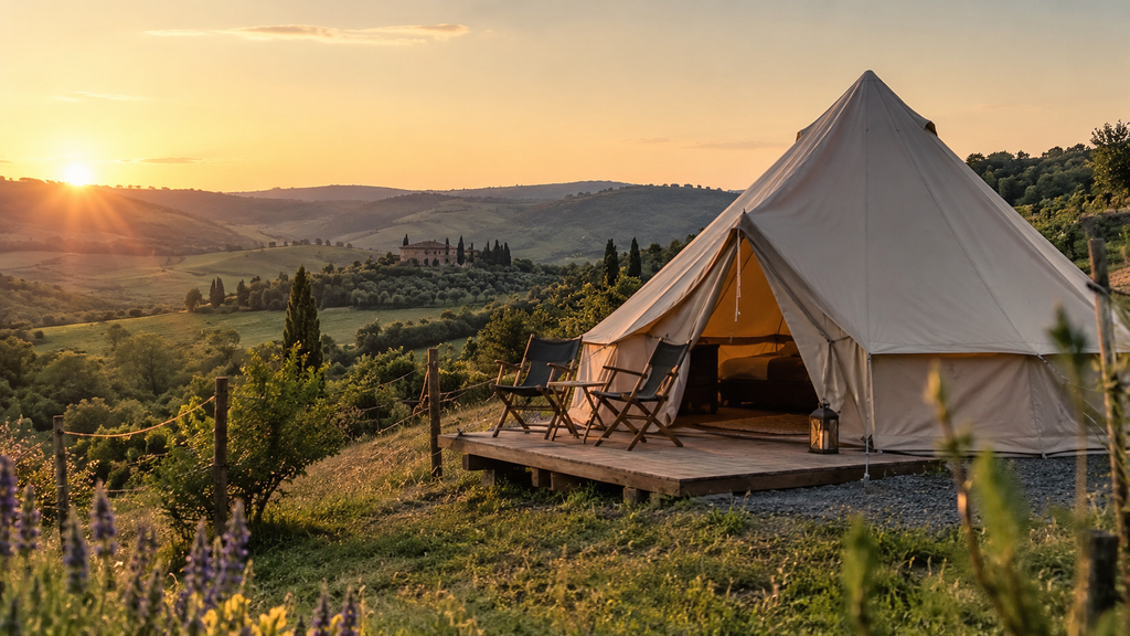 Canvas bell tent glamping site at sunset in the European countryside
