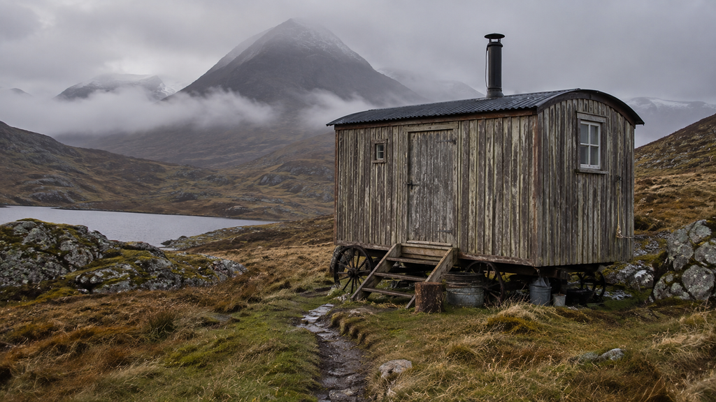 Wooden shepherd's hut glamping stay in the Scottish Highlands