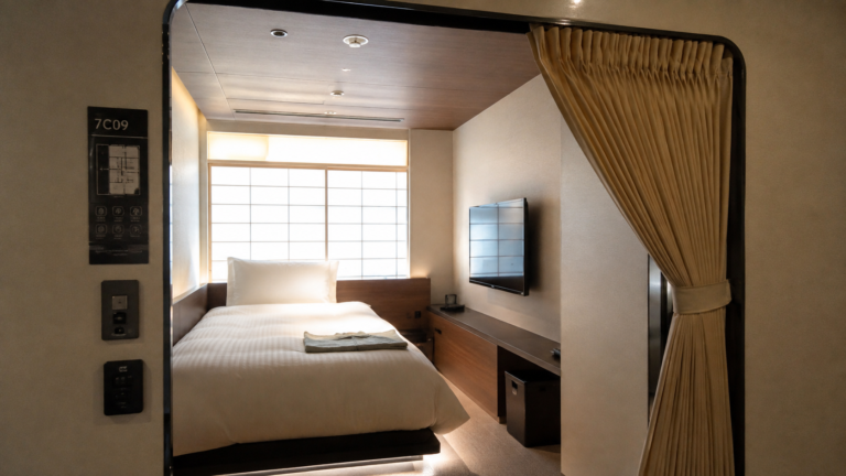 Spacious cabin-style capsule at a First Cabin hotel in Japan with a full bed and TV
