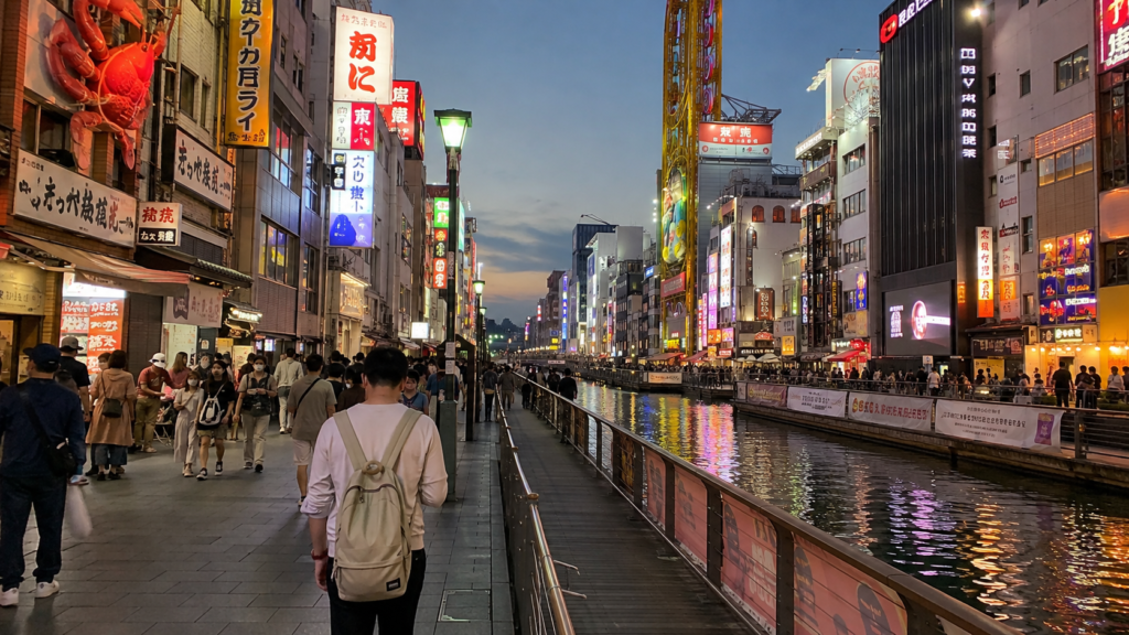 Traveller walking through Osaka's Dotonbori district at dusk near budget capsule hotels