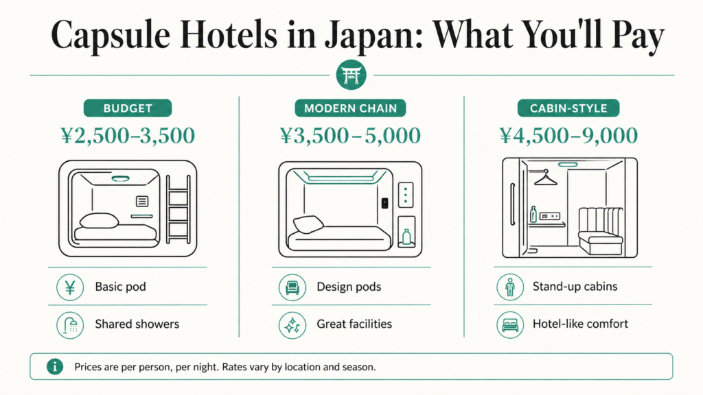 Infographic comparing three price tiers of capsule hotels in Japan from ¥2,500 to ¥9,000 per night