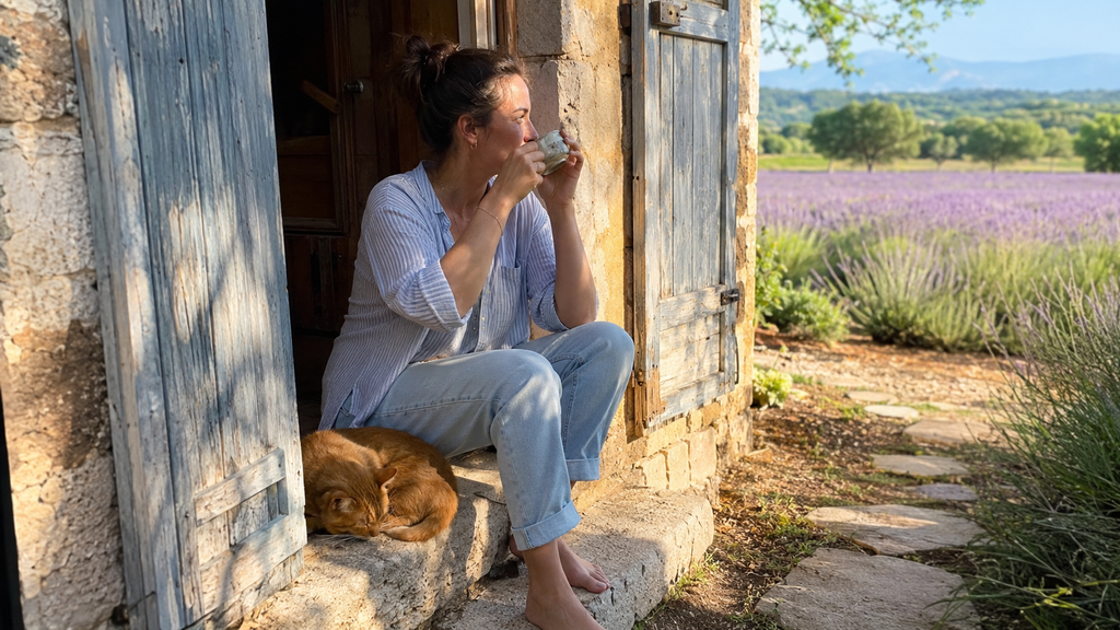 Woman drinking coffee on the doorstep of a Provence farmhouse during a house sit, with a ginger cat beside her