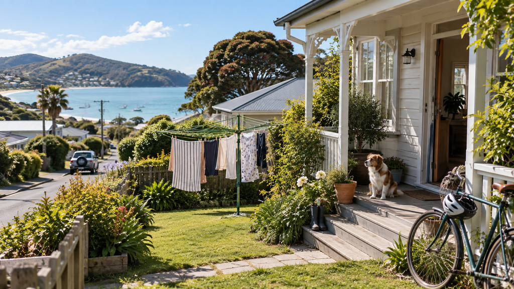 Exterior of a New Zealand house during a long-term house sit, with a dog waiting on the front step